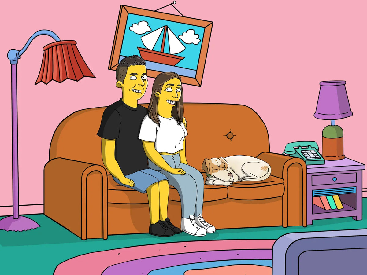Couple on the couch with their sleeping dog, cartoon portrait for an anniversary