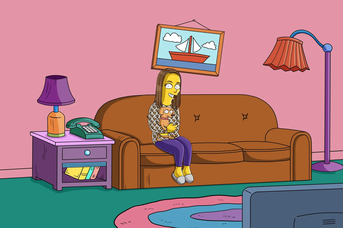 Woman sitting on the couch with her pet, drawn in yellow cartoon style