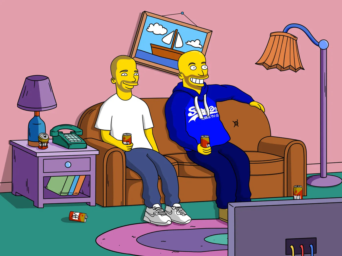 Two friends with beers on the couch, funny custom cartoon portrait
