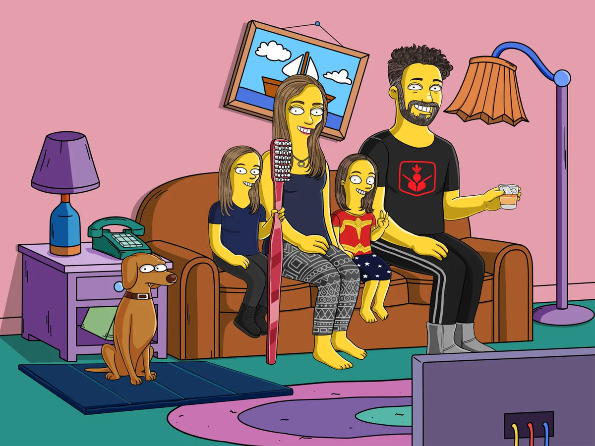 Mum and dad with their two daughters and the family dog, custom cartoon portrait