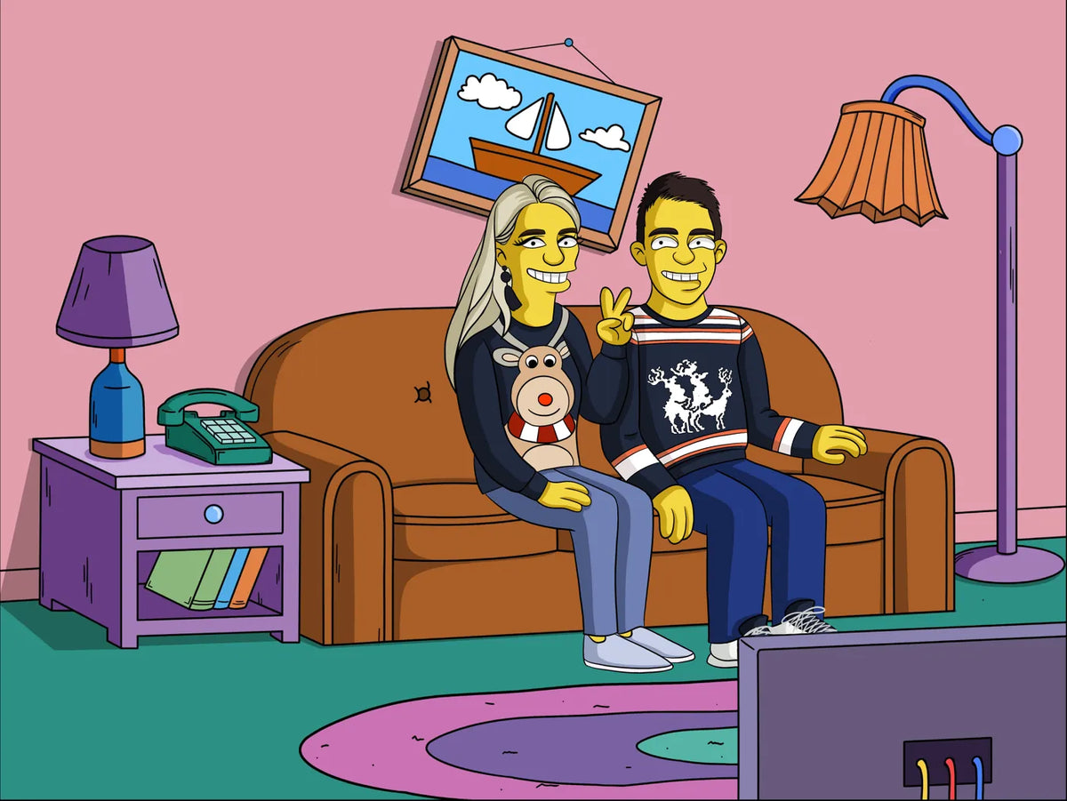 Couple in Christmas jumpers on the couch, custom cartoon portrait