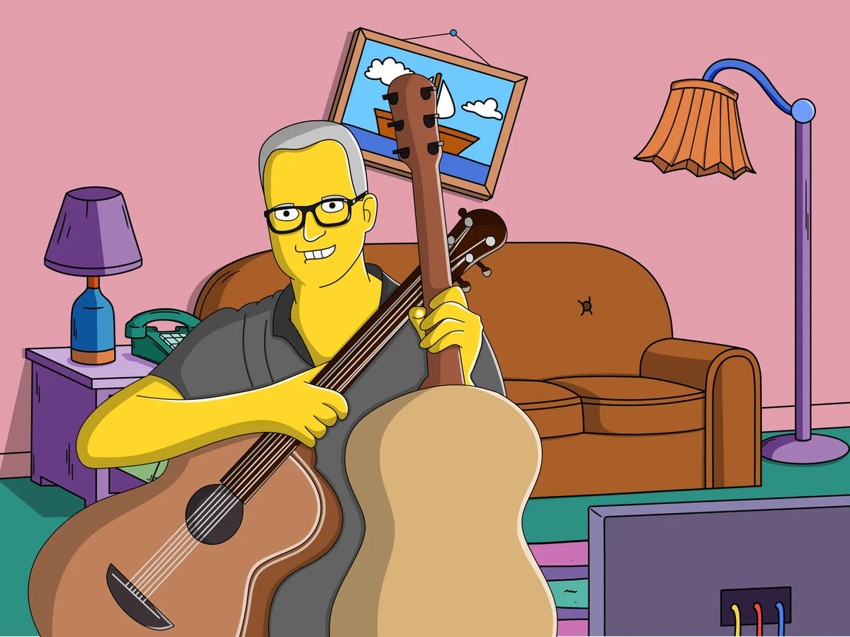 Man on the couch with his two guitars as a yellow cartoon character