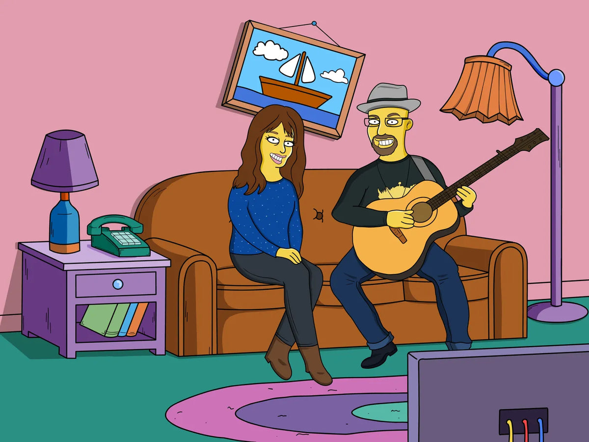 Couple on the couch while he plays guitar, drawn as yellow cartoon characters