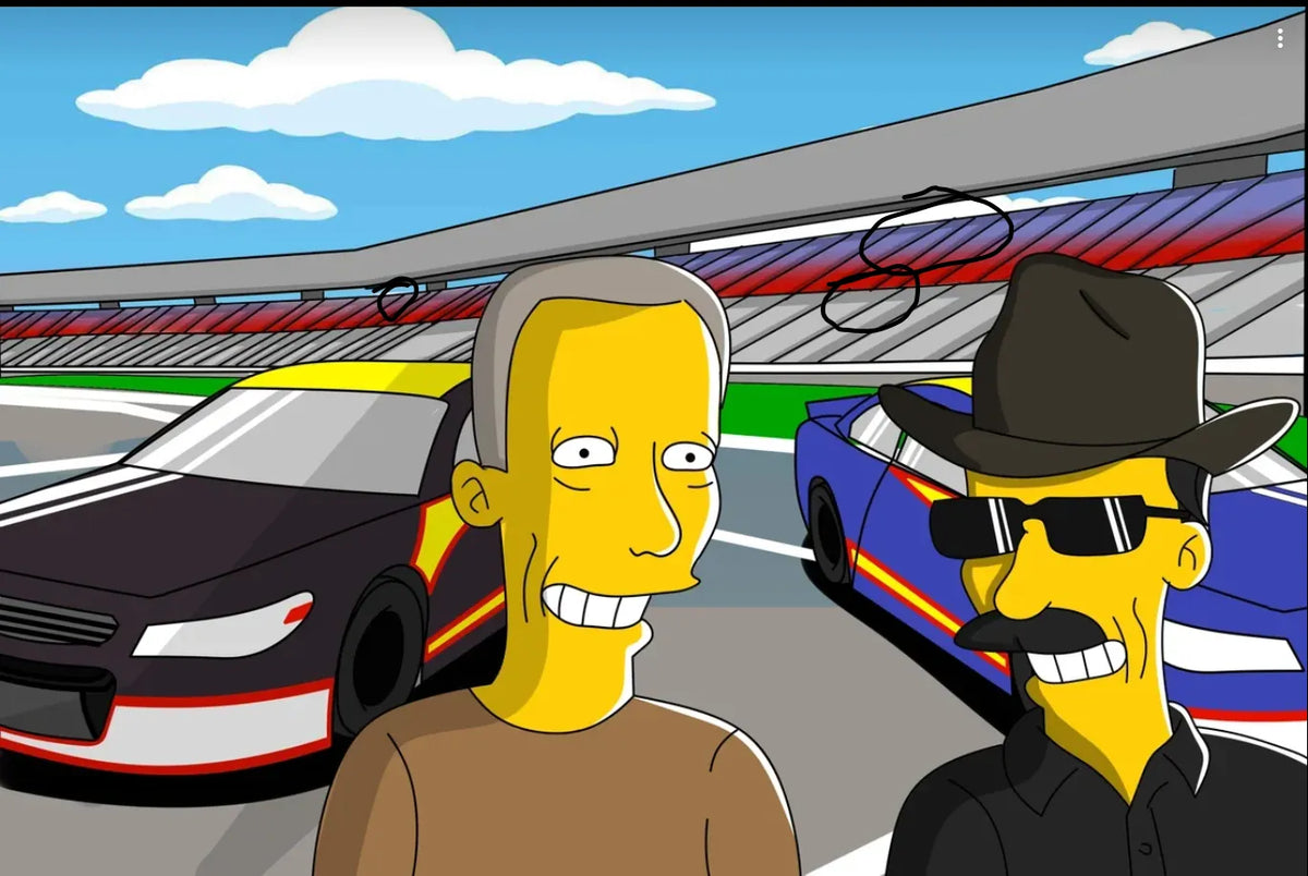 Two friends at the racetrack drawn as yellow cartoon characters
