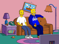 Two friends with beers on the couch, cartoon portrait