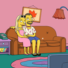 Couple cuddling on the living-room couch as cartoon characters