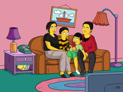 Parents with their two young children on the couch, cartoon portrait