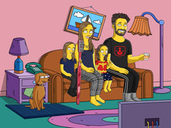 Parents with two daughters and the family dog on the couch, cartoon portrait