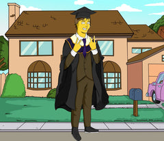 Graduate in cap and gown in front of a house as a yellow cartoon character