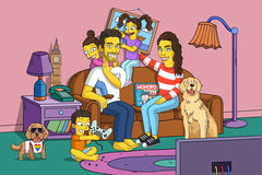 Family of five with two dogs as a custom yellow cartoon portrait