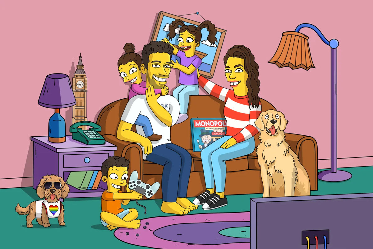 Family of five with two dogs gathered on the couch as yellow cartoon characters