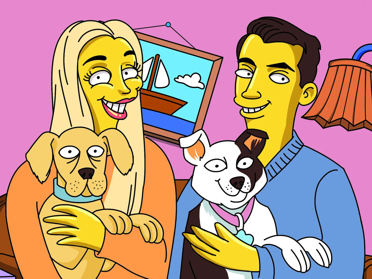 Couple with their black and white dog as a custom cartoon portrait
