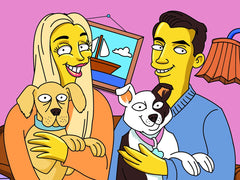 Couple with their black and white dog as a custom cartoon portrait