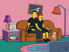Couple on the couch with their black cat and small dog in cartoon style