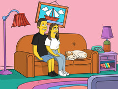 Couple on the couch with their sleeping dog, yellow cartoon portrait