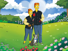 Couple in a flower meadow with their dog, drawn as cartoon characters