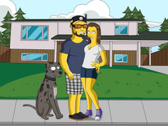 Couple on the pavement with their large grey dog, cartoon portrait