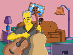 Man with his two guitars on the couch, custom cartoon portrait