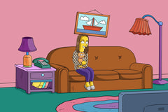 Woman on the couch holding her pet, custom cartoon portrait