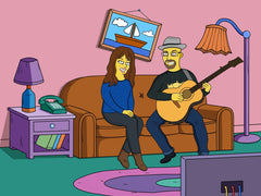 Couple on the couch while he plays guitar, custom cartoon portrait