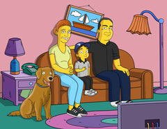 Little boy in a cap between his parents with the family dog, cartoon portrait