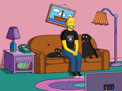 Man on the couch with his two black dogs, yellow cartoon portrait