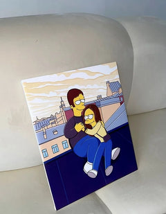 A Yellowsville cartoon portrait printed on canvas, leaning on a sofa
