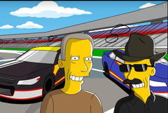 Two friends at the racetrack as cartoon characters