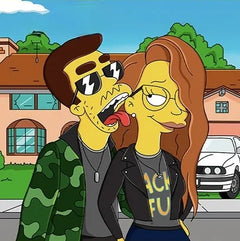 Couple in sunglasses pulling faces in front of a house, custom cartoon portrait
