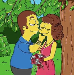 Couple kissing with a bouquet of red roses in cartoon style