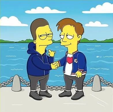 Two friends shaking hands by the water as yellow cartoon characters
