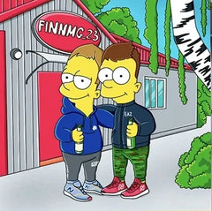 Two friends with drinks outside a bar, custom cartoon portrait