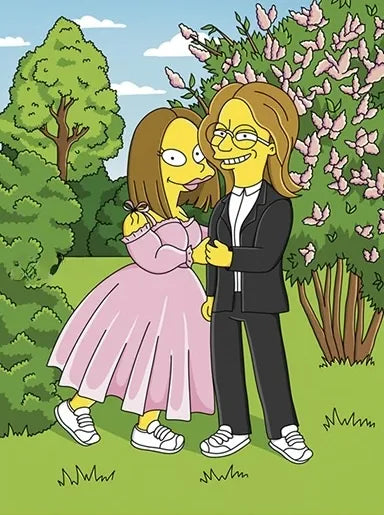 Couple in a pink gown and black suit among blossom trees, yellow cartoon portrait