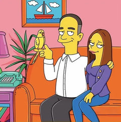 Couple on the couch with their budgie, drawn as yellow cartoon characters