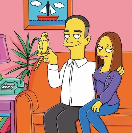 Couple on the couch with their budgie, drawn as yellow cartoon characters
