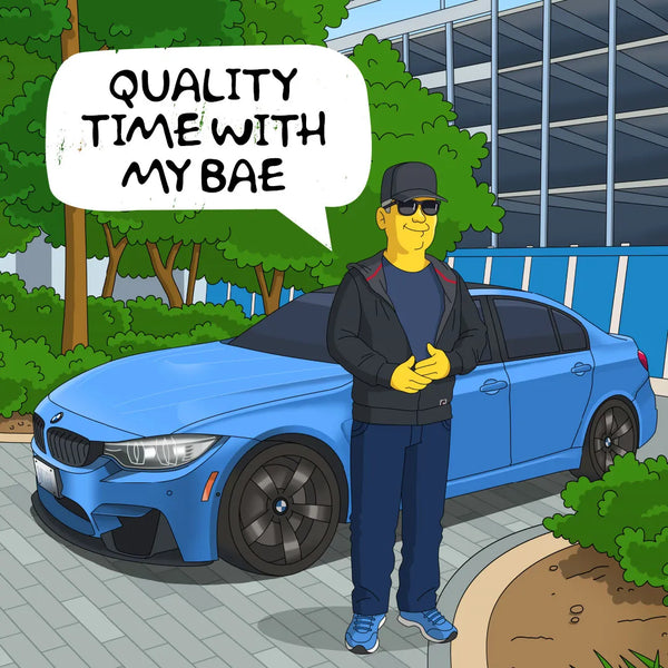 Man standing by his blue car as a yellow cartoon character