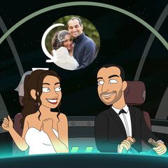 Bride and groom in their wedding car as cartoon characters, with the original photo