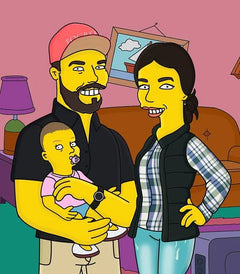 Baby in the arms of mum and dad, drawn as cartoon characters