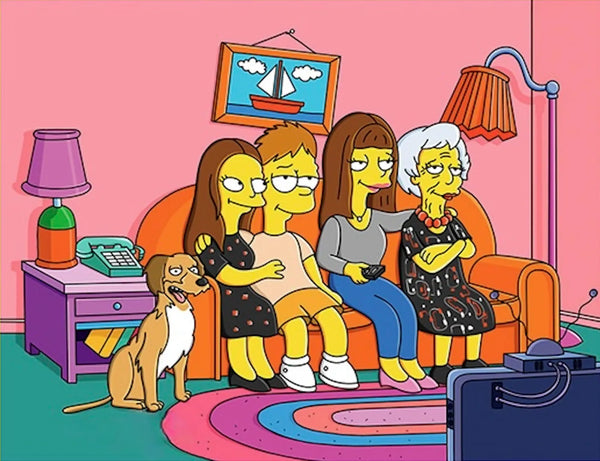Family with grandma and their dog drawn as yellow cartoon characters on the living-room couch