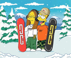 Two snowboarders with their boards in yellow cartoon style