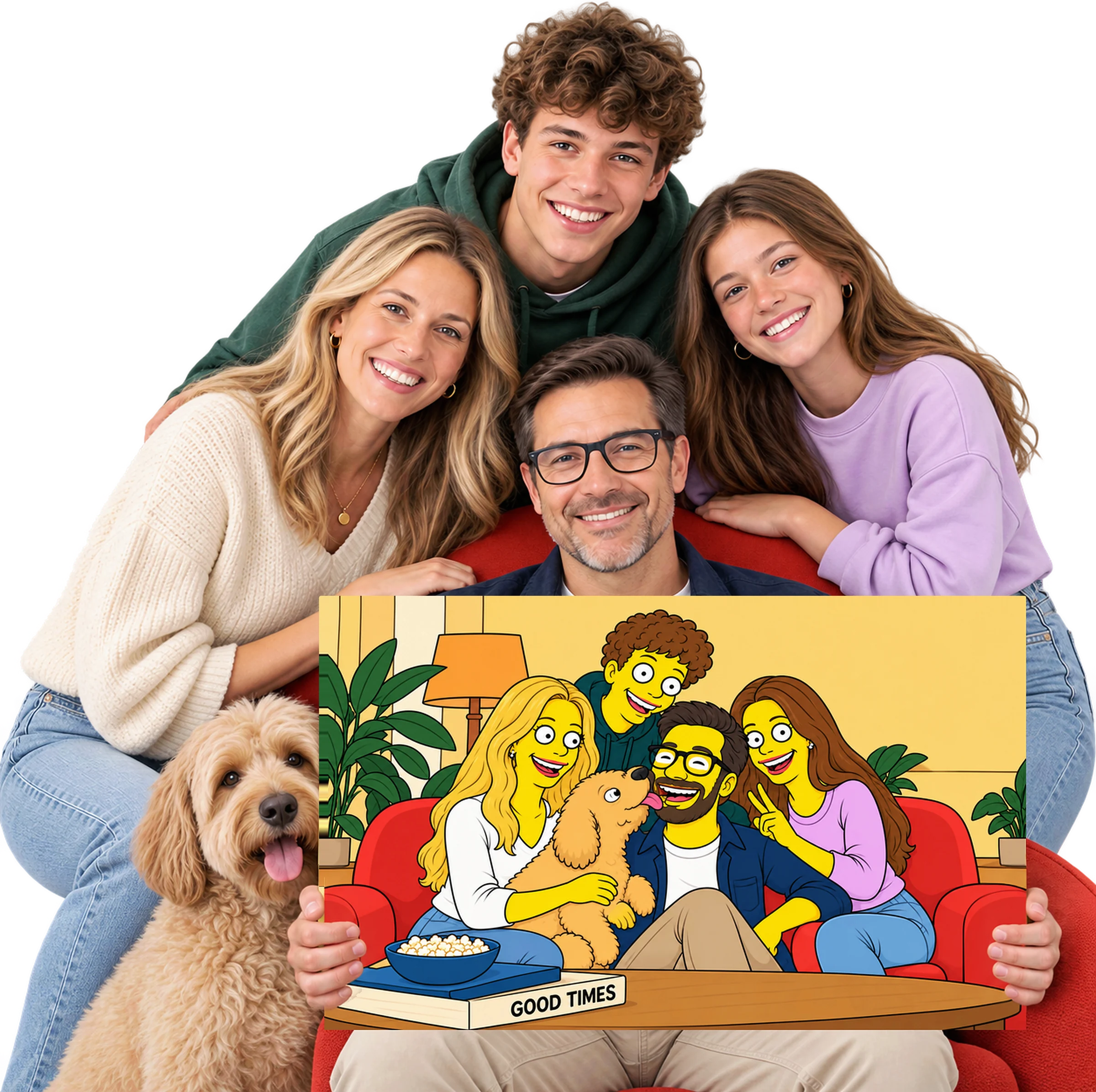 A family of four and their dog holding their yellow cartoon portrait on canvas