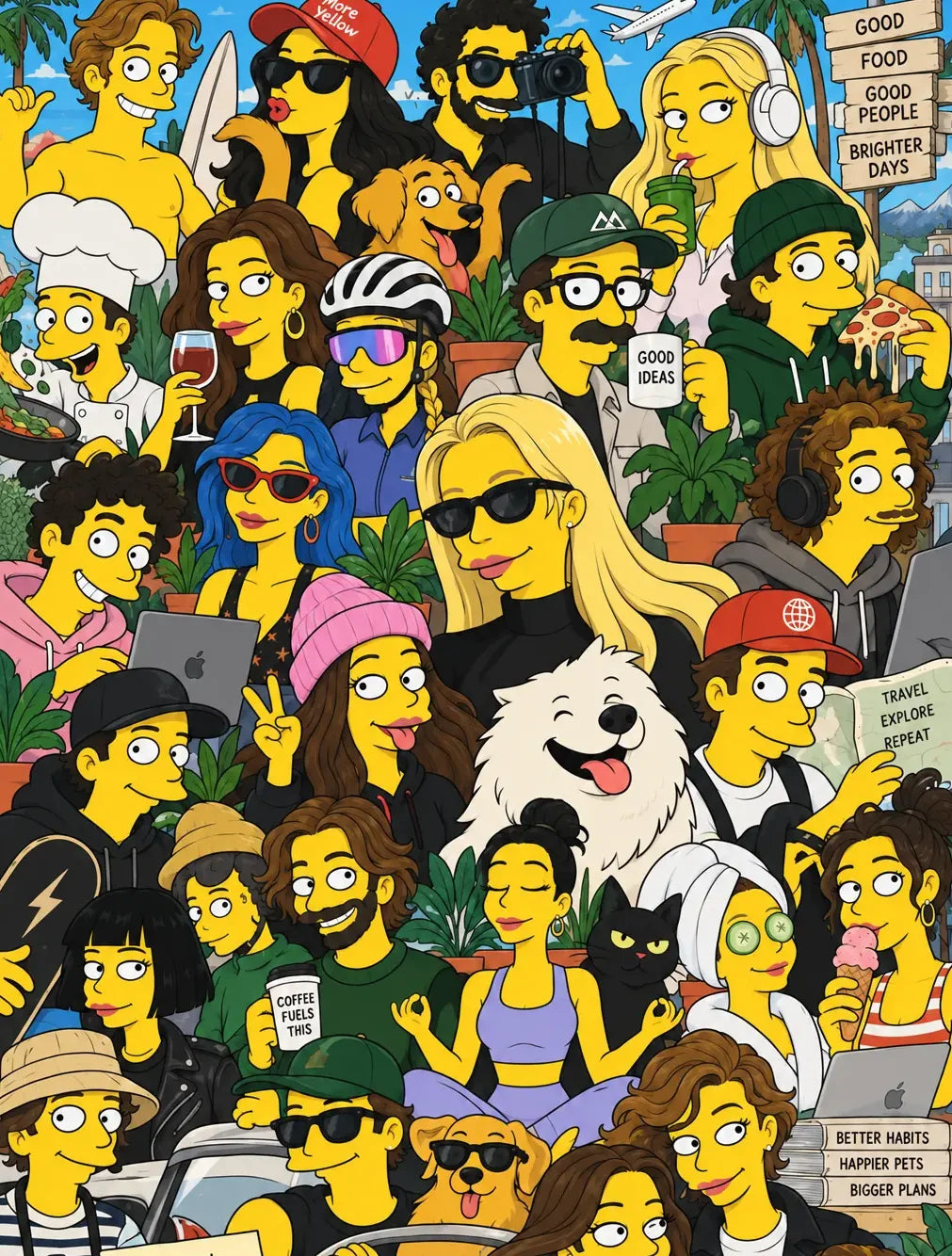 Dozens of yellow cartoon portraits crowded into one picture