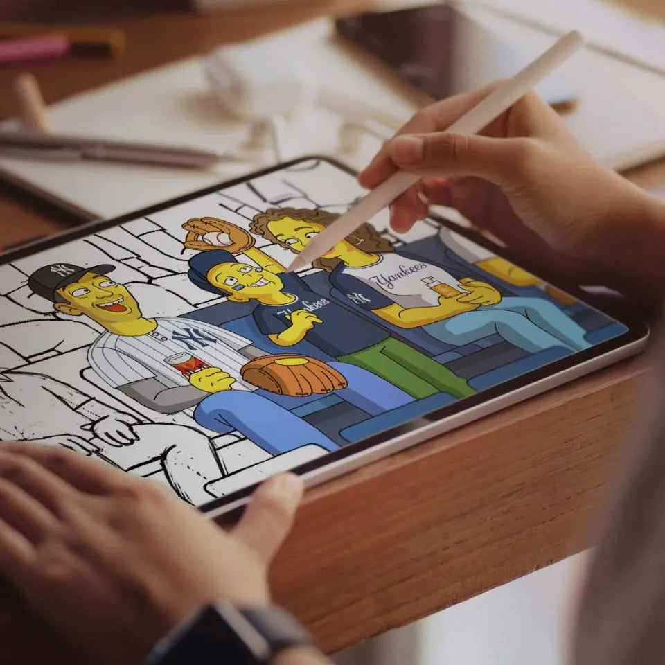 An illustrator drawing a yellow cartoon family on a tablet